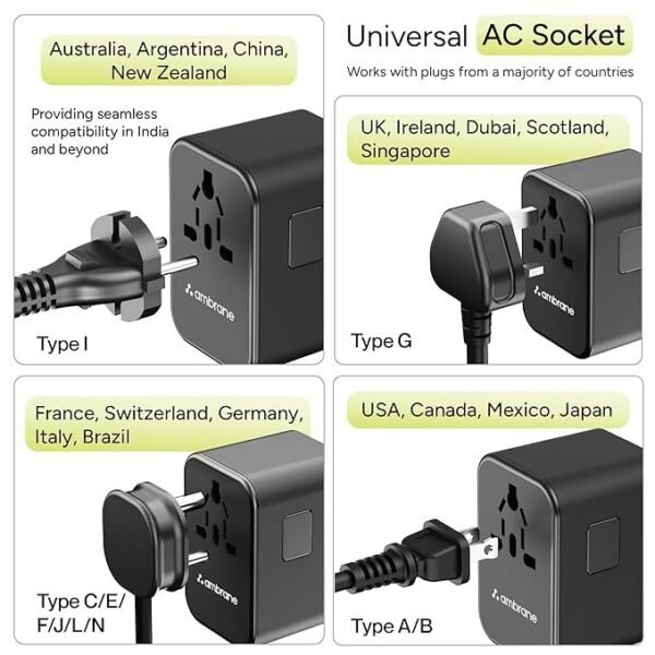 Ambrane Universal Travel Adapter Charger with 65W Laptop/MacBook Charging & Mobile Charging, Works Worldwide (EU,UK,USA,AUS,Others) AC Sockets, USB & Type C, International Adapter (ATA-02, Black)