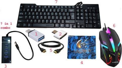 RSG 7 IN 1 COMBO- KEYBOARD ,MOUSE,MOUSEPAD,USB HUB , HDMI CABLE & TYPE C ,V8 OTG Combo Set??(Black, Multicolor)