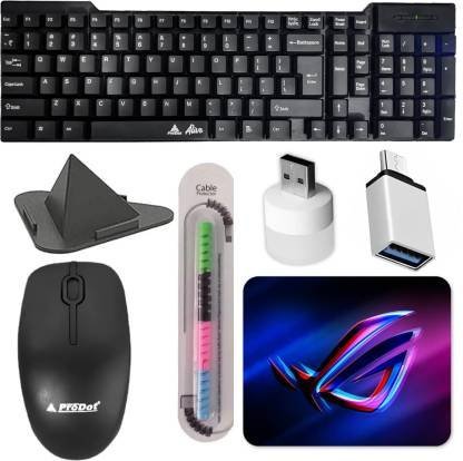 Henture Prodot 7 Keyboard Mouse with Usb Light, OTG, Mobile Stand and Cable protector Combo Set??(Black)